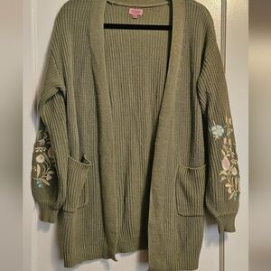 Vintage Olive Green Embroidered Women's Cardigan